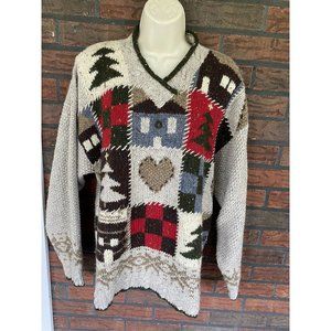 Woolrich Wool Sweater Medium V-Neck Not Ugly Christmas Tree Heart Chunky Knit